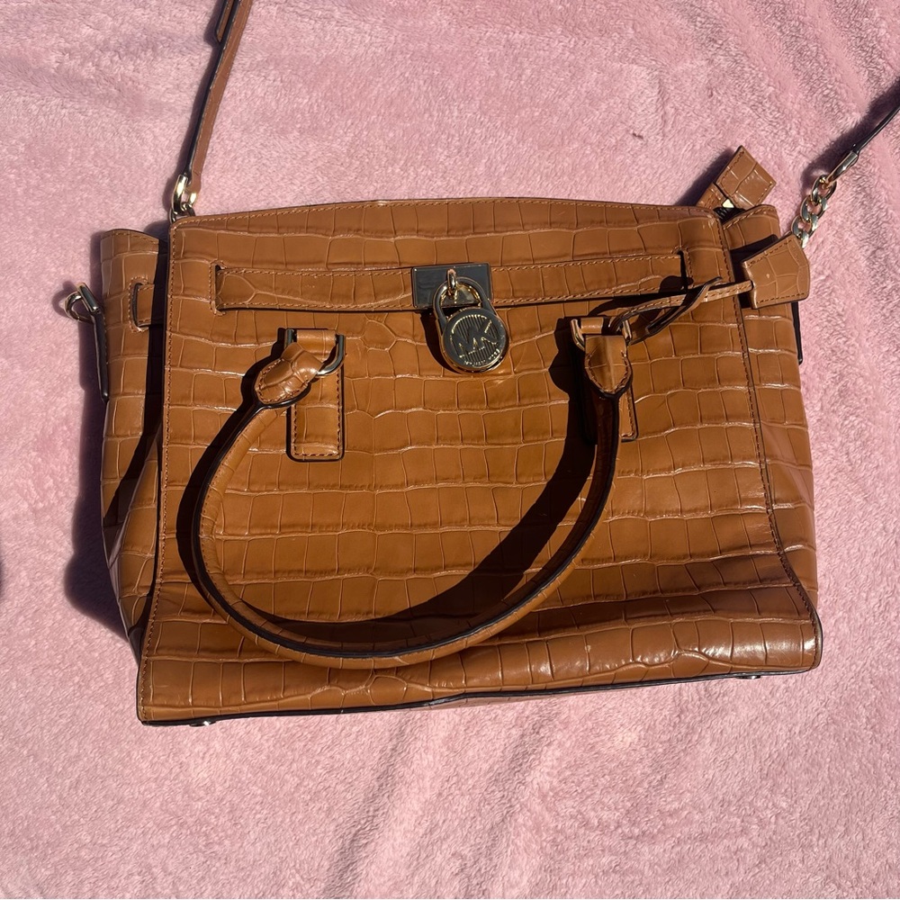 MICHAEL KORS Hamilton Embossed-Leather Satchel - Acorn - 30F7GHMS7E-532